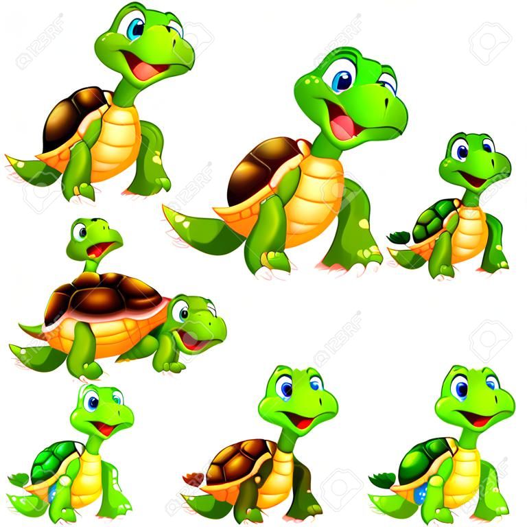 Ilustração vetorial de conjunto de coleção de desenhos animados de tartaruga feliz