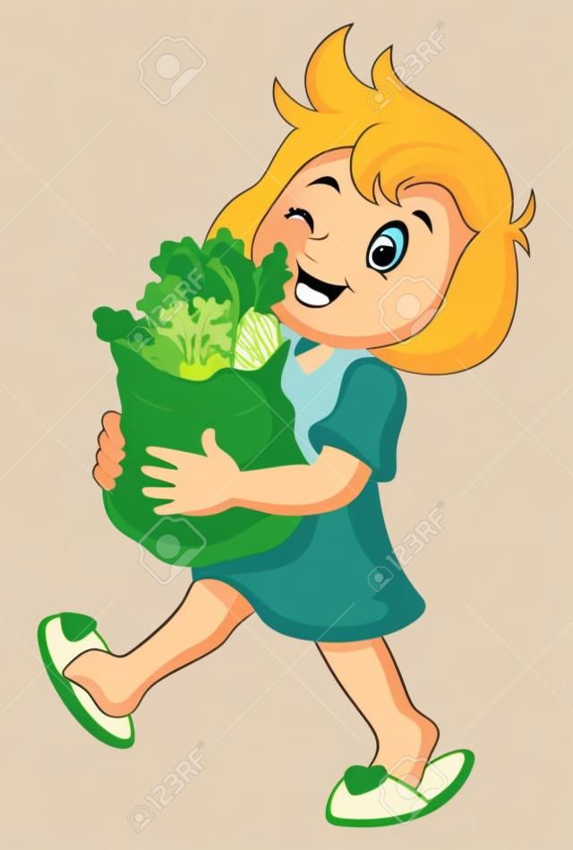 矢量图的卡通女孩拿着纸袋杂货与健康的蔬菜