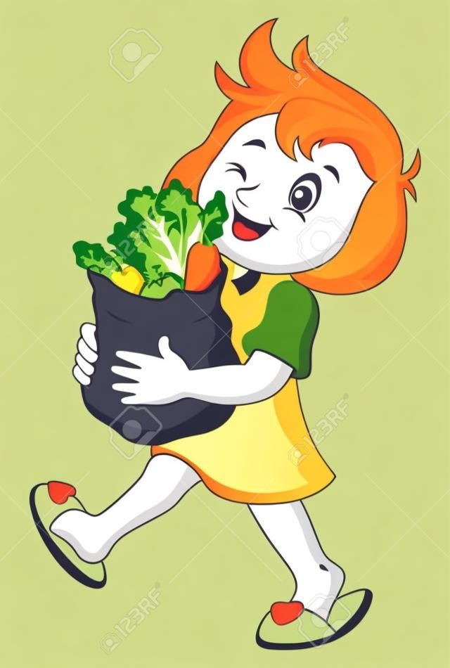 矢量图的卡通女孩拿着纸袋杂货与健康的蔬菜