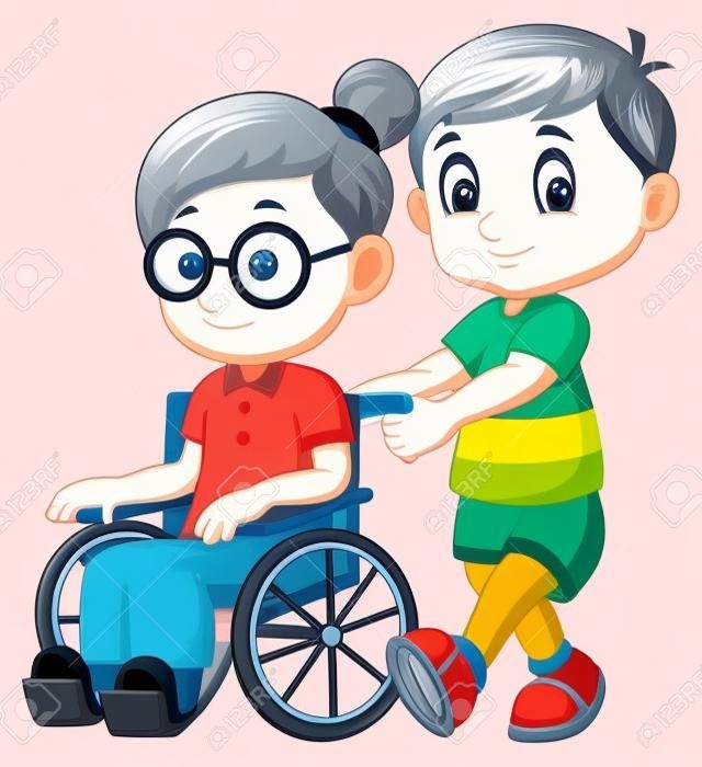 Cartoon boy with grandma in wheelchair