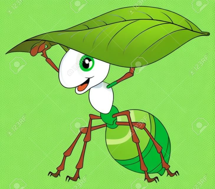 Ilustração vetorial de formiga dos desenhos animados segurando uma folha verde