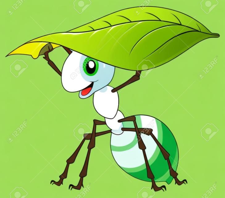 Ilustração vetorial de formiga dos desenhos animados segurando uma folha verde