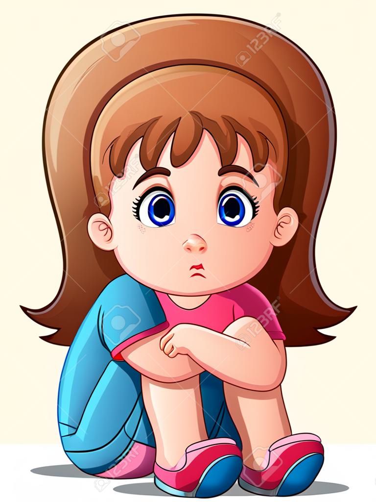 Wektorowa ilustracja Smutna dziewczyny kreskówka siedzi samotnie