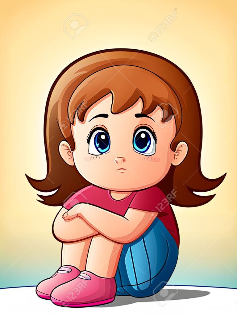 Ilustración vectorial de dibujos animados de niña triste sentado solo