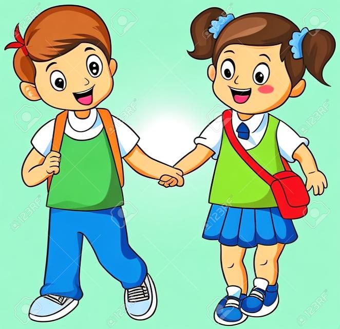 矢量圖的卡通女孩和男孩一起去上學