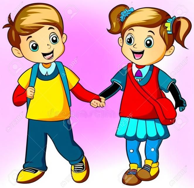 Ilustração vetorial da menina e do menino dos desenhos animados vão à escola juntos