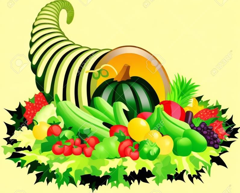 A Vector illustration of Horn of plenty cornucopia with vegetables and fruits.