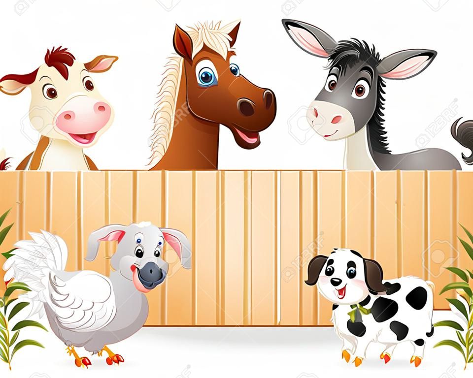 Vector illustration of Farm animals with a blank sign bamboo
