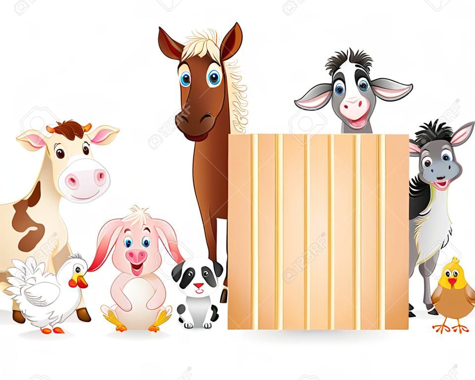 Vector illustration of Farm animals with a blank sign bamboo