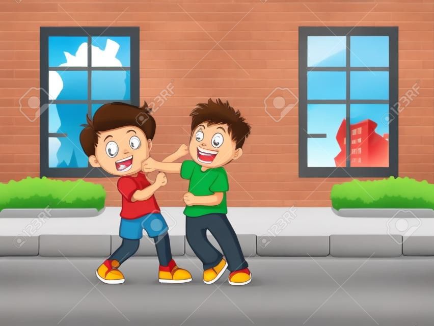 Dibujos animados de dos niños peleando en la carretera