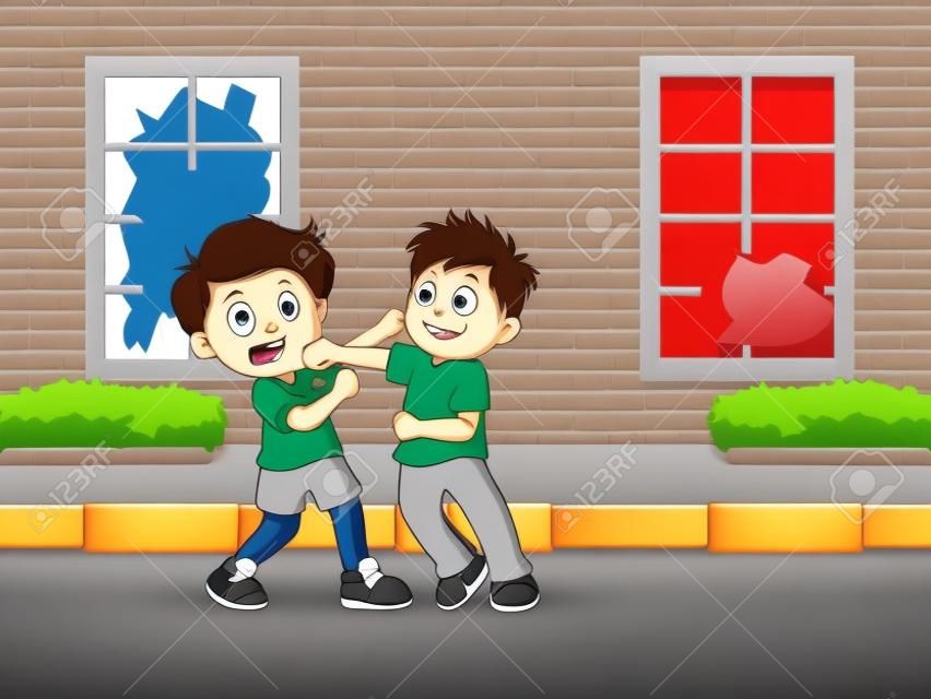 Dibujos animados de dos niños peleando en la carretera