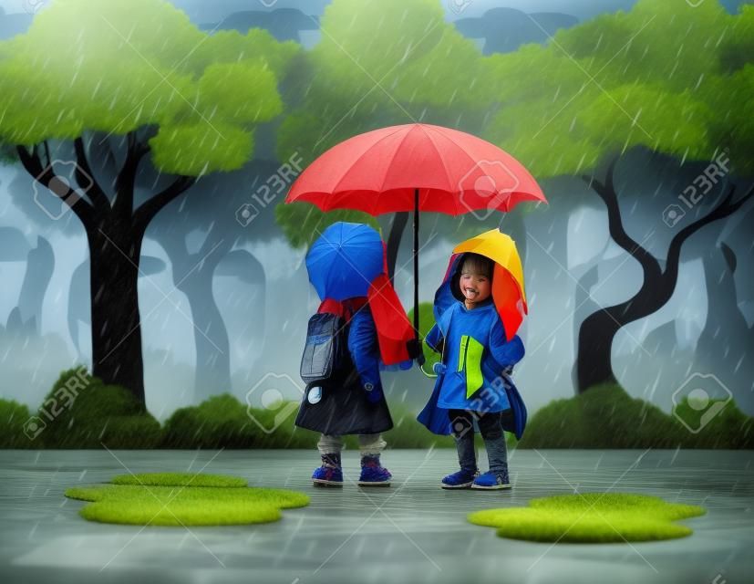 빗속에서 우산을 사용하는 아이들