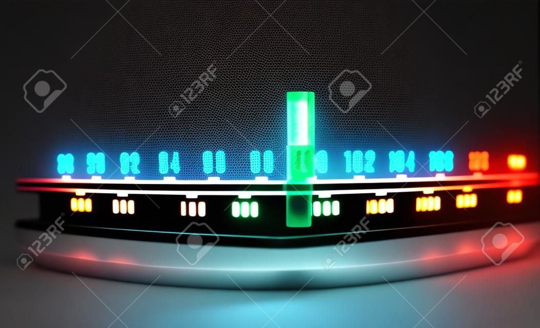 una radio brillante con el marcador se ejecuta a través de las diferentes estaciones y frecuencias
