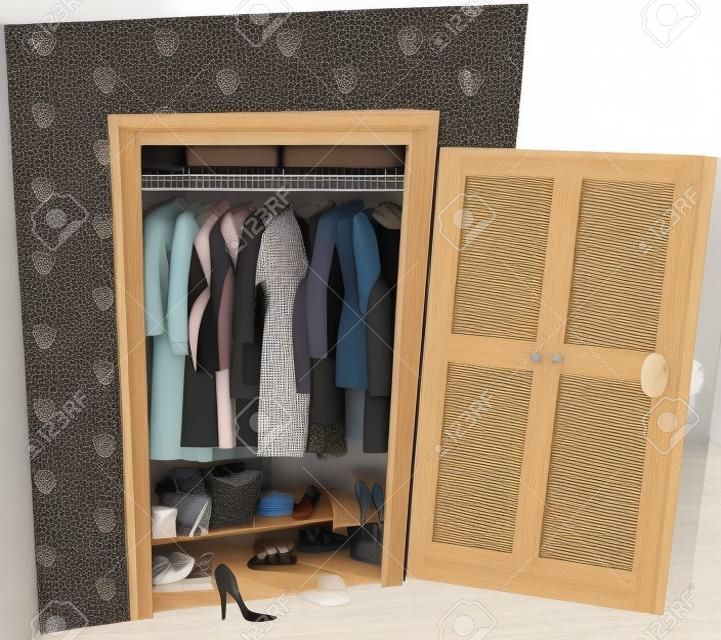 An image of a large and messy walk in wardrobe.