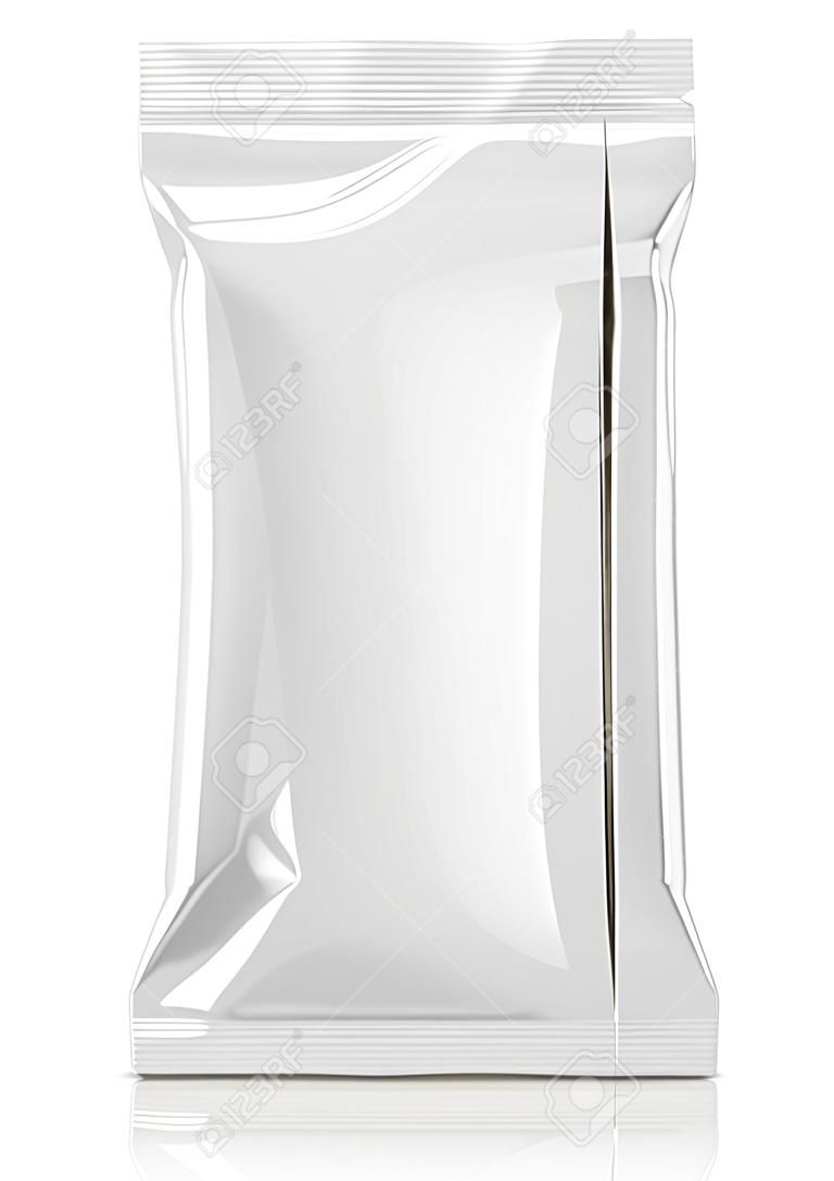 クリッピングパスを持つ白い背景に分離されたインスタントコーヒー製品設計モックアップのための白いアルミホイル袋を包装する空白の包装