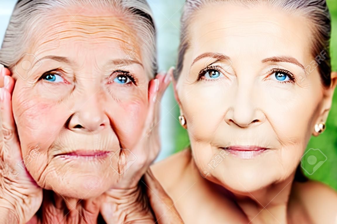Concepto de belleza y cuidado de la piel - mujer senior sin arrugas del envejecimiento