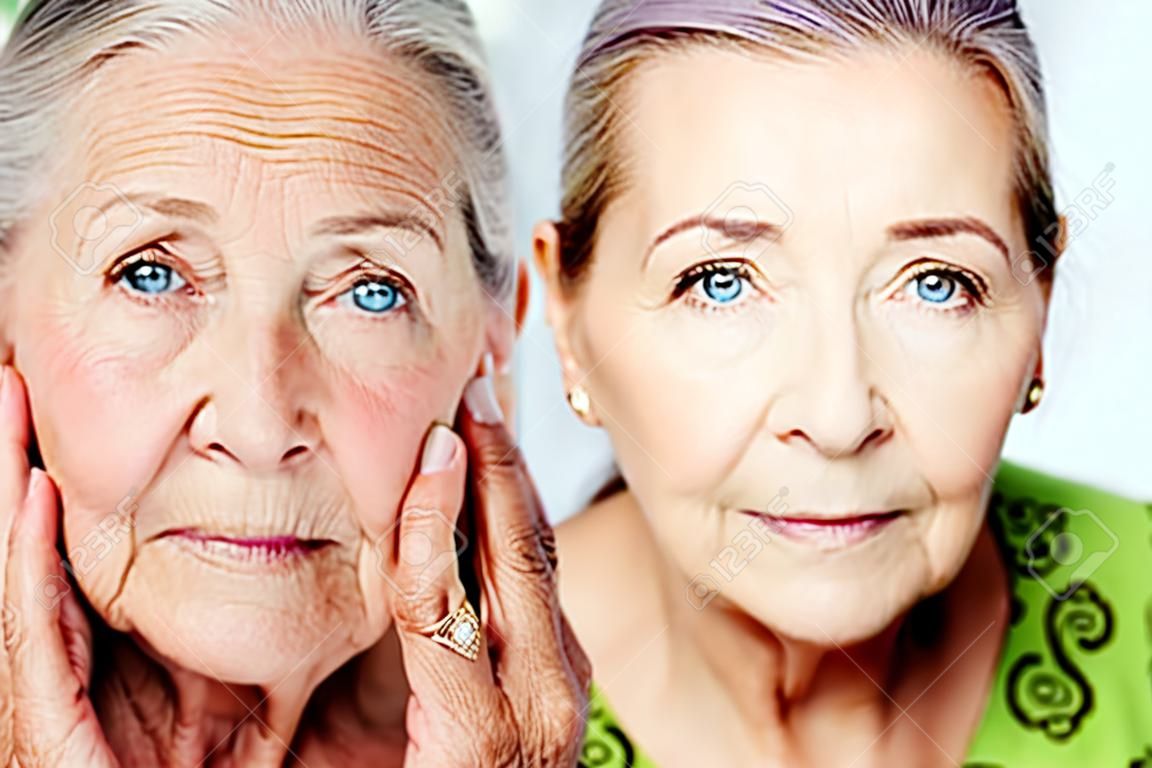 Concetto di bellezza e cosmesi - senior donna senza rughe di invecchiamento