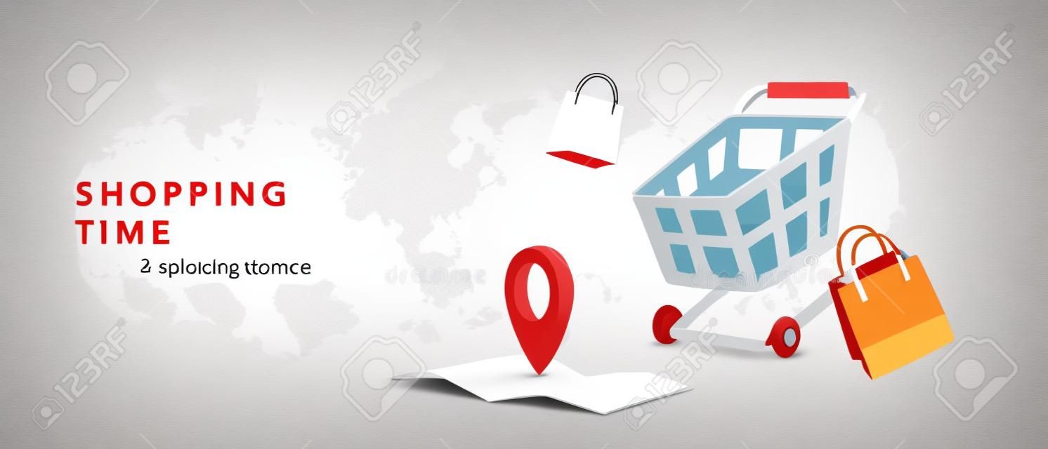 Bannière de temps de shopping avec carte réaliste, panier et sacs cadeaux. illustration vectorielle
