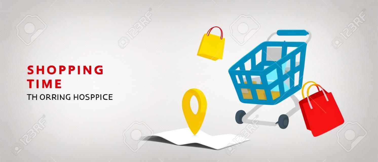 Bannière de temps de shopping avec carte réaliste, panier et sacs cadeaux. illustration vectorielle