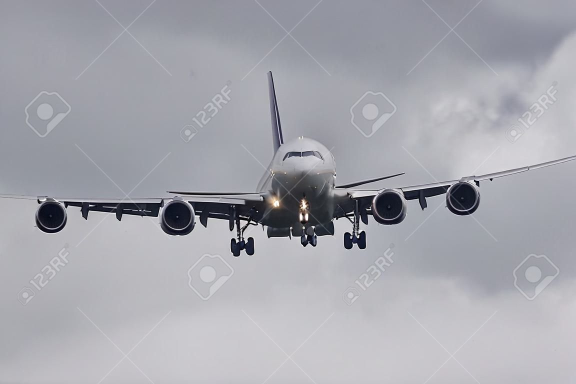 Passenger airliner approaching for landing in bad weather