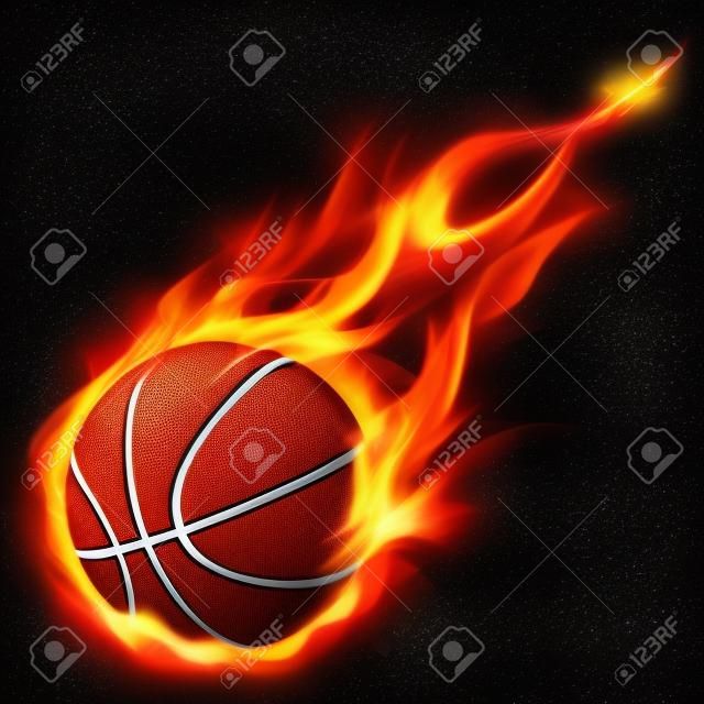 Vuelo de baloncesto el fuego. Ilustración sobre fondo negro