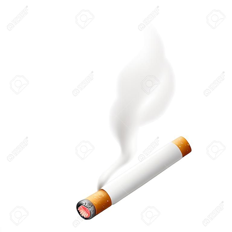 現実的な燃えているタバコ。白い背景の上の図