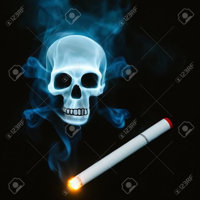 人类的骷髅出现在香烟烟雾对黑
