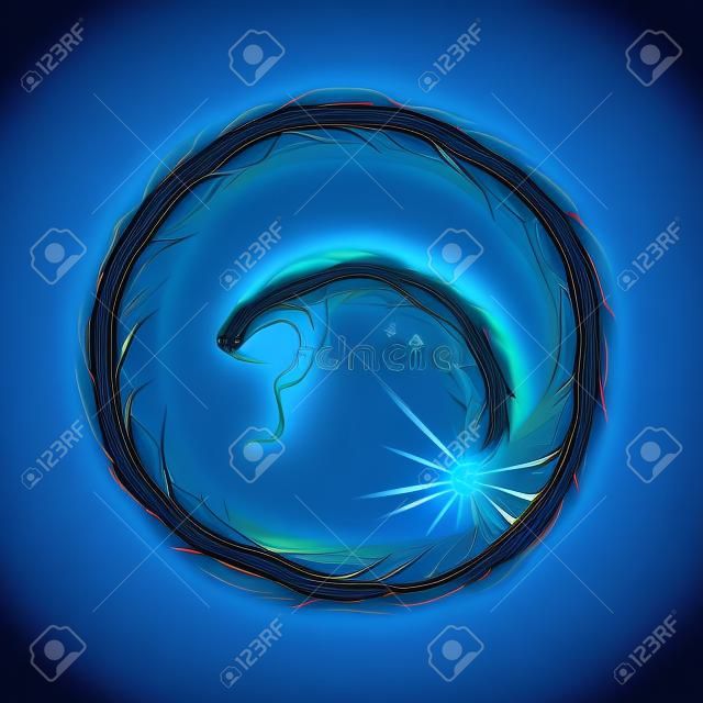 抽象的な螺線形の青くヘビ。黒の背景イラスト