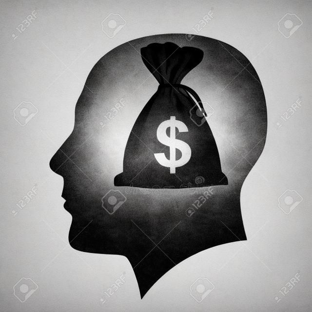Silhouette of human head with bag money. Illustration on white