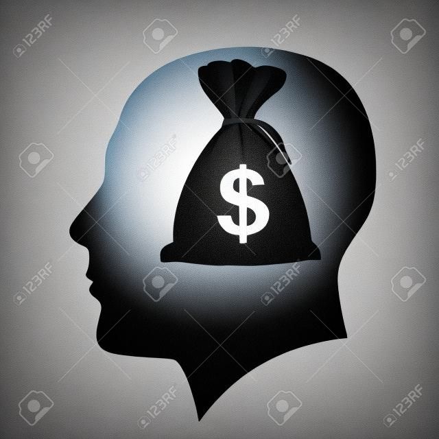 Silhouette of human head with bag money. Illustration on white