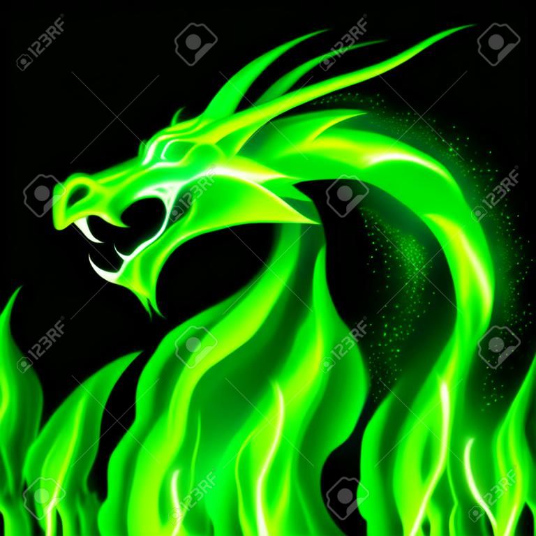 Testa di fuoco di drago in verde su sfondo nero.