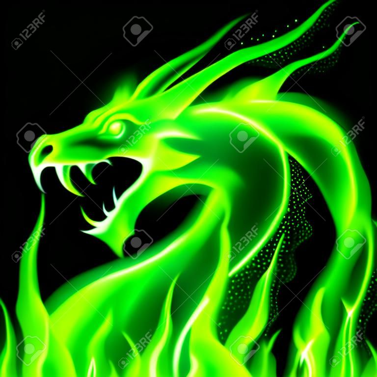 Tête de feu de dragon vert sur fond noir.