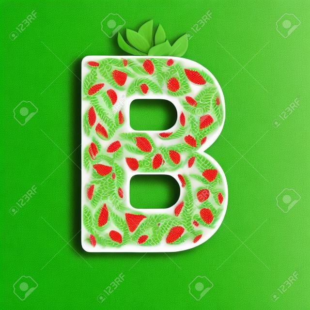 Letter B in strawberry style with green leaves