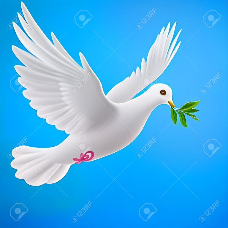 青い背景の洪水後に緑の枝を飛んで平和の鳩
