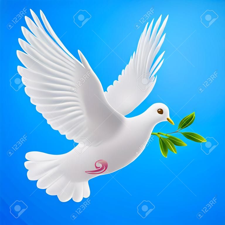 Paloma de la paz volando con una ramita verde después de las inundaciones en un fondo azul