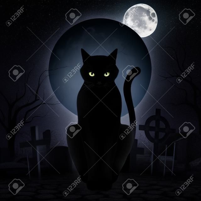 Gato preto sentado em um fundo da lua cheia no cemitério