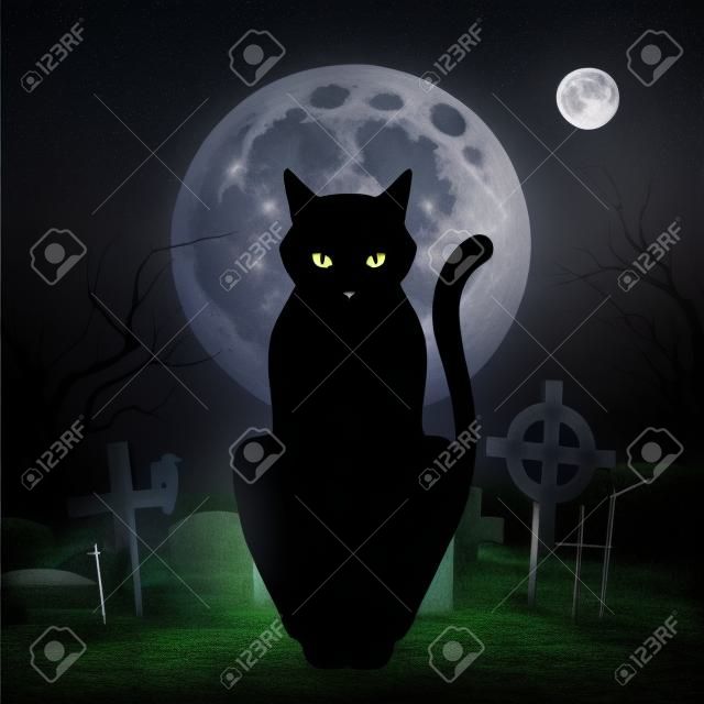 Black cat sitting on a background of the full moon in the cemetery