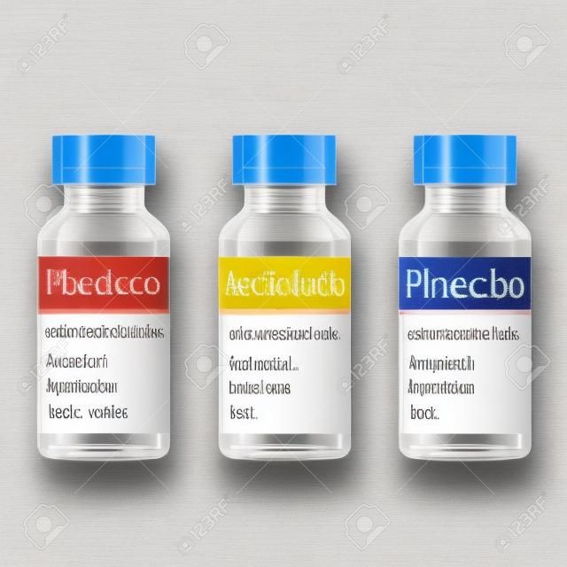 Conjunto de médicos viales de placebo, antibióticos y panacea