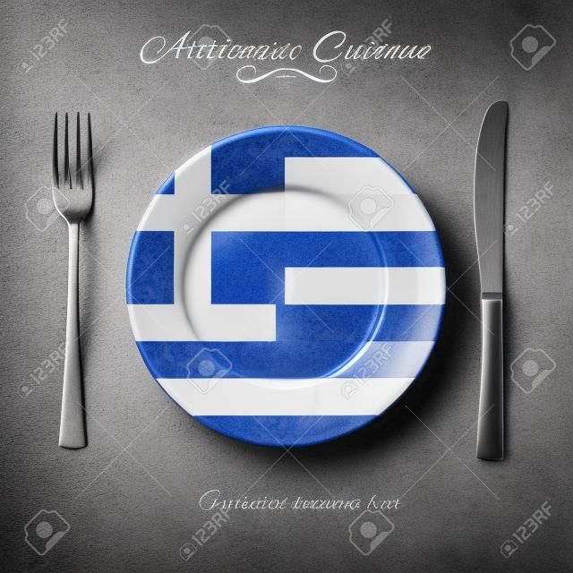 Authentic Cuisine of Greece. Plate with Greek Flag and Cutlery