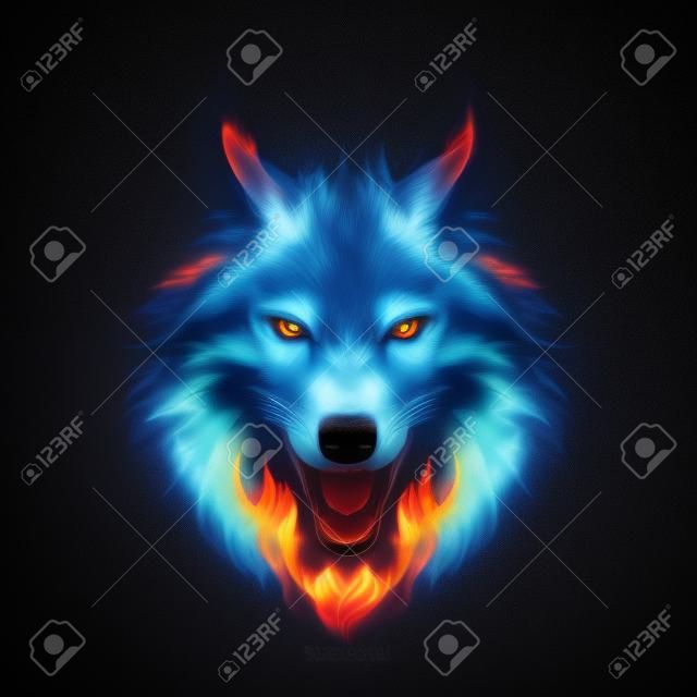 Hoofd van Agressieve Vuur Woolf. Concept Afbeelding van een Blauw Wolf en Vlam op een Zwarte Achtergrond