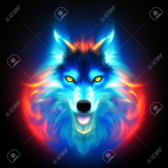 Head of Aggressive Fire Woolf. Concept Image of a BLue Wolf and Flame on a Black Background