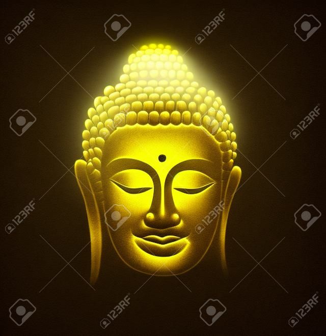 Ilustracja przedstawiająca uśmiechniętą twarz złotego Buddy w oświetlonej ciemności i świetle