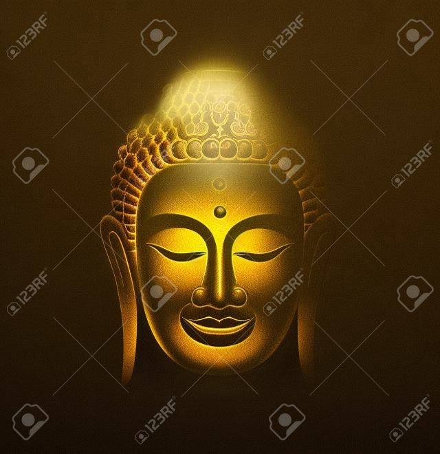 Ilustracja przedstawiająca uśmiechniętą twarz złotego Buddy w oświetlonej ciemności i świetle