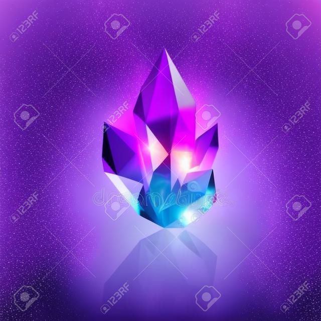 Magic Purple Crystal with Sparkle. Decoration icon for Games. Cartoon crystals Illustration. Stone Healing Energy on White Background