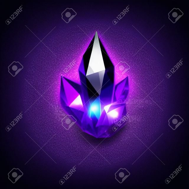 Magic Purple Crystal with Sparkle. Decoration icon for Games. Cartoon crystals Illustration. Stone Healing Energy on Black Background
