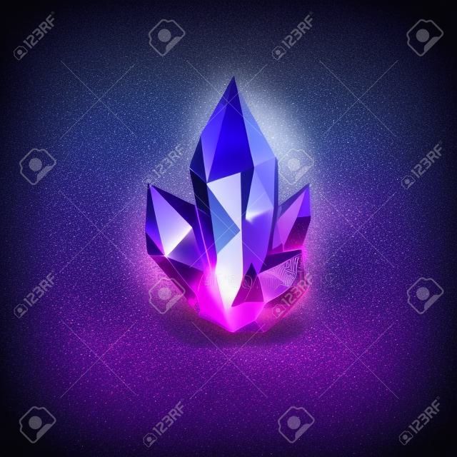 Cristal púrpura mágico con brillo. Icono de decoración para juegos. Ilustración de cristales de dibujos animados. Energía curativa de piedra sobre fondo negro