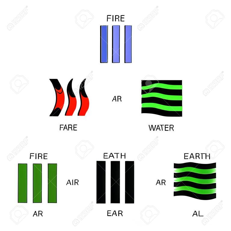Four Elements of Nature Fire, Air, Water, Earth. Templates for Renewable Energy or Ecology Logos, Emblems, or Cards. Abstract Concept of Alternative Energy Sources on Black and White Background