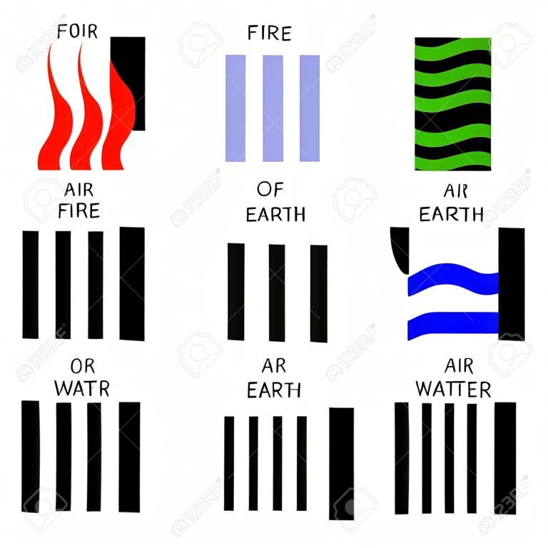Four Elements of Nature Fire, Air, Water, Earth. Templates for Renewable Energy or Ecology Logos, Emblems, or Cards. Abstract Concept of Alternative Energy Sources on Black and White Background