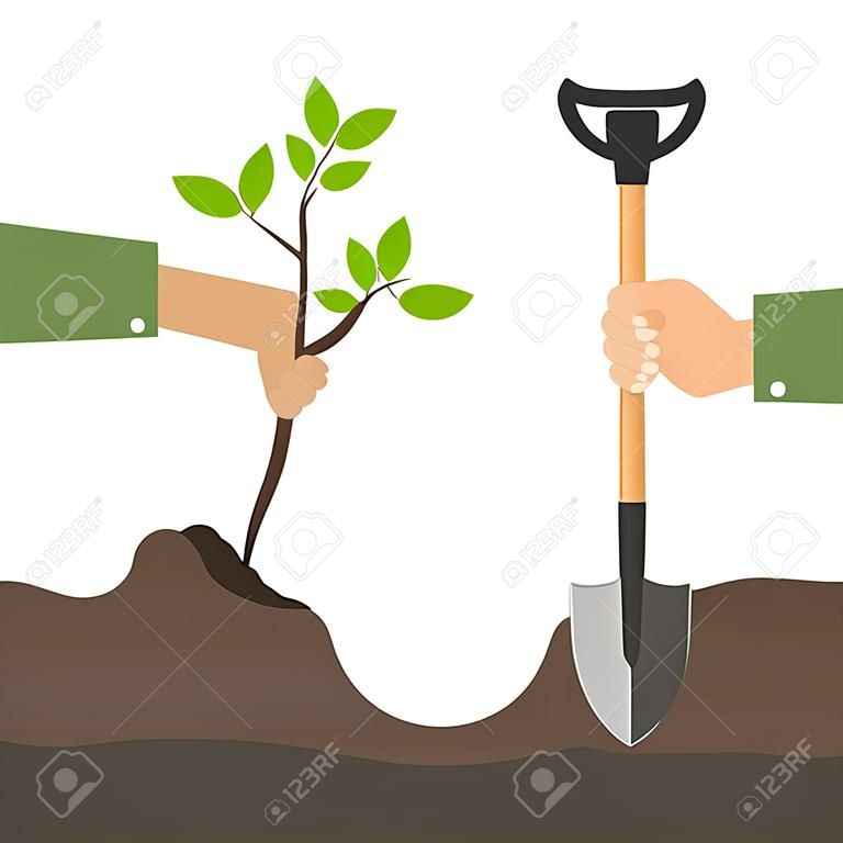 Eine Hand mit einer Schaufel pflanzt einen Baumsämling. Das Konzept, einen Baum zu pflanzen. Eine Hand hält eine Schaufel, die andere hält einen Baumsämling. Flaches Design, Vektorillustration, Vektor.