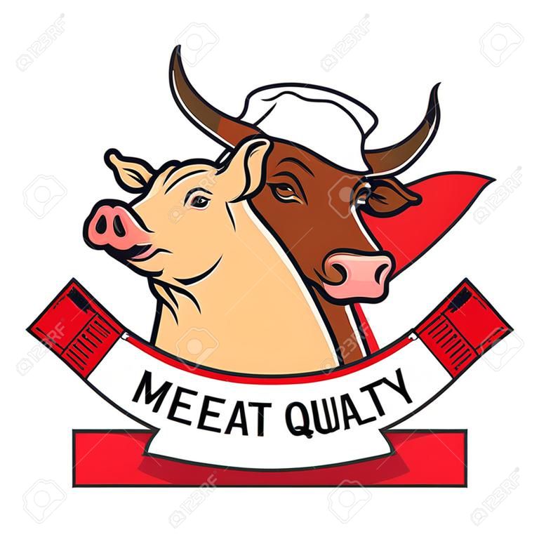 vettore Illustrazione di macelleria logo, modello di etichetta carne con mucca e maiale